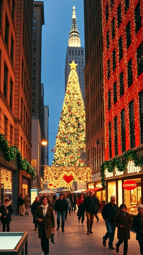 1980s New York Christmas Aesthetic 1980s New York City Christmas scene with Rockefeller Center tree, holiday lights, and retro fashion.